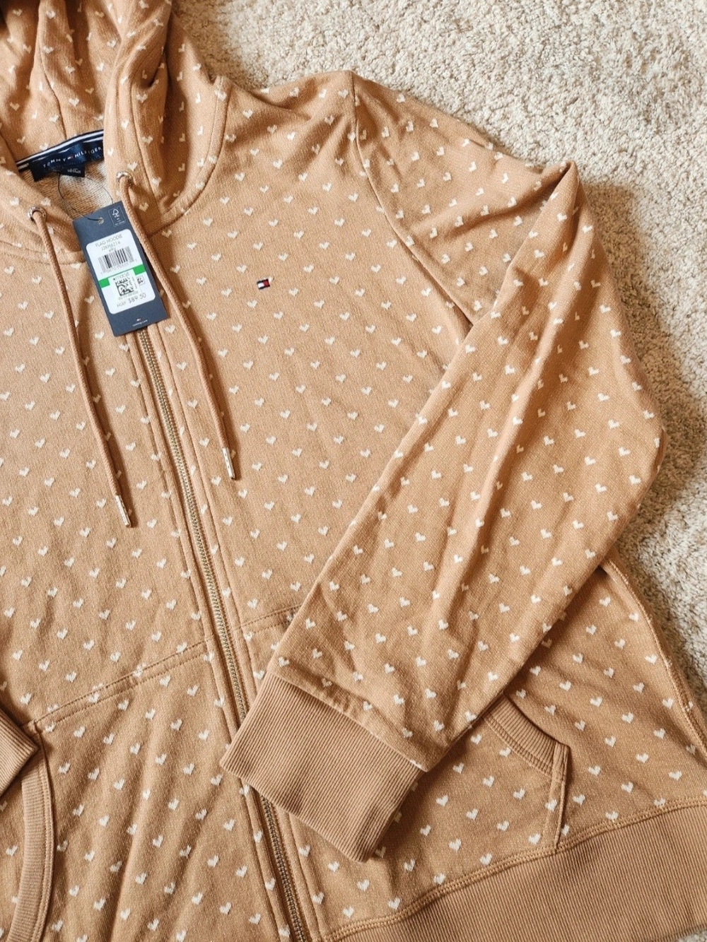 Tommy Hilfiger 100% Cotton Zip-up Tan Hoodie with Tiny White Heart Print - Picture 2 of 16